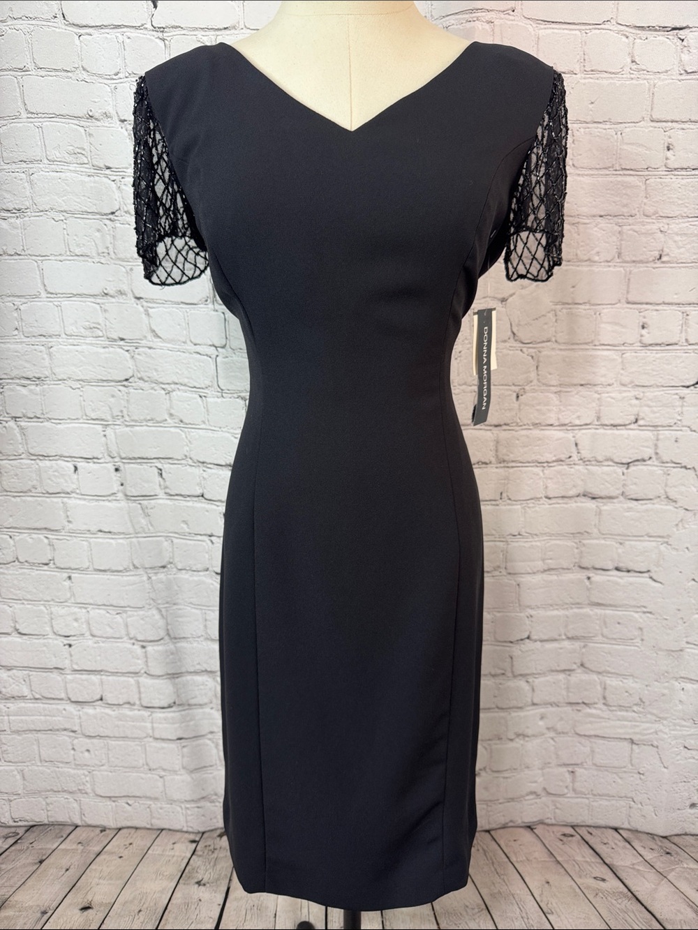 NWT Donna Morgan Black Sheath Dress Beaded Mesh Sleeves Button Back Sz 8